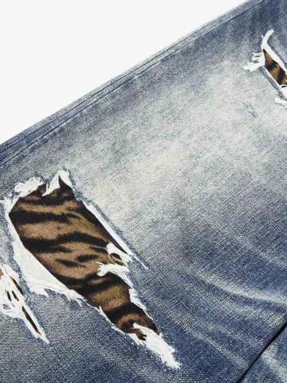 Leopard Ripped 3D Print Baggy Barrel Jeans