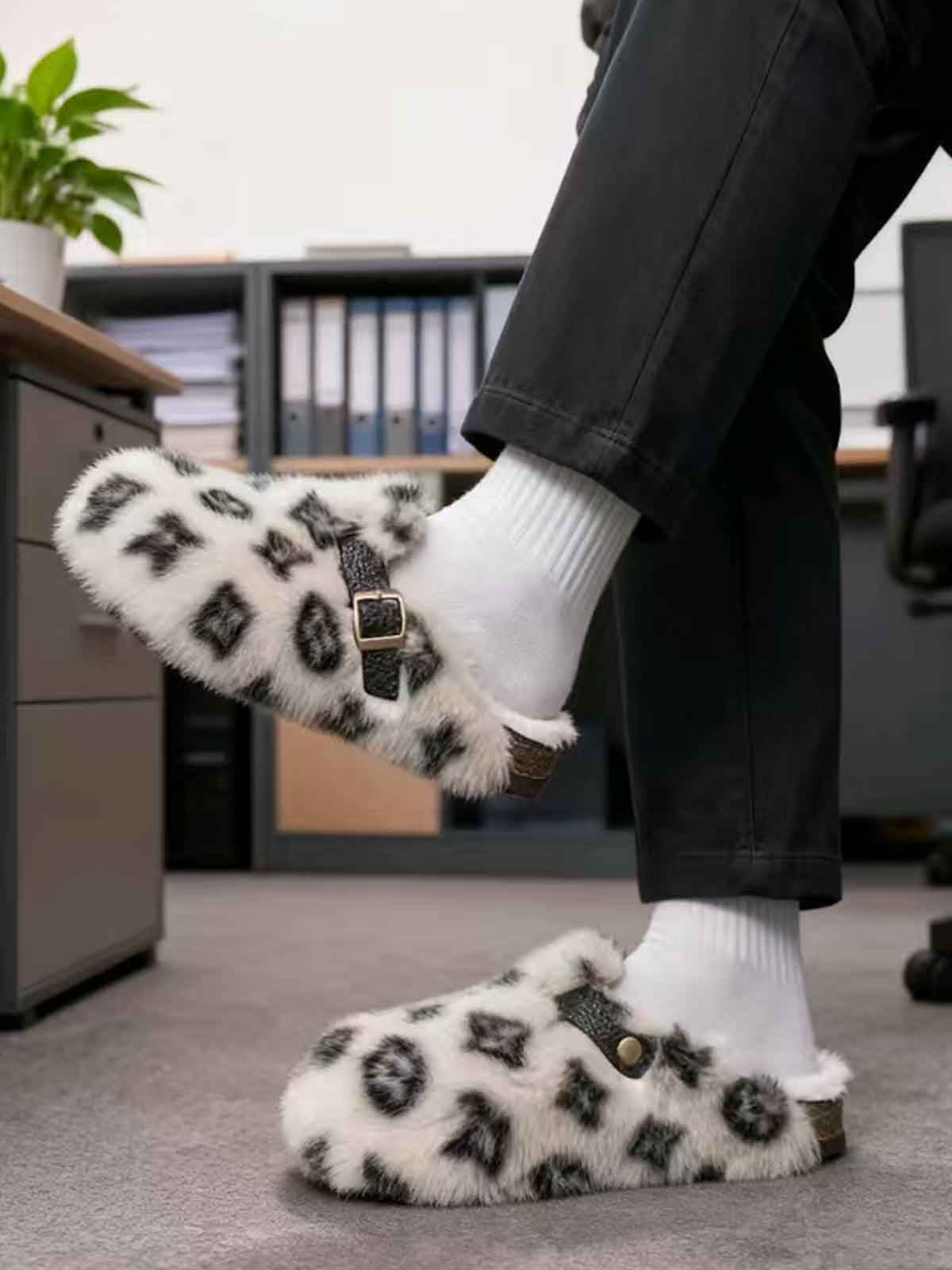 Abstract Spotted Faux Fur Buckle Clogs