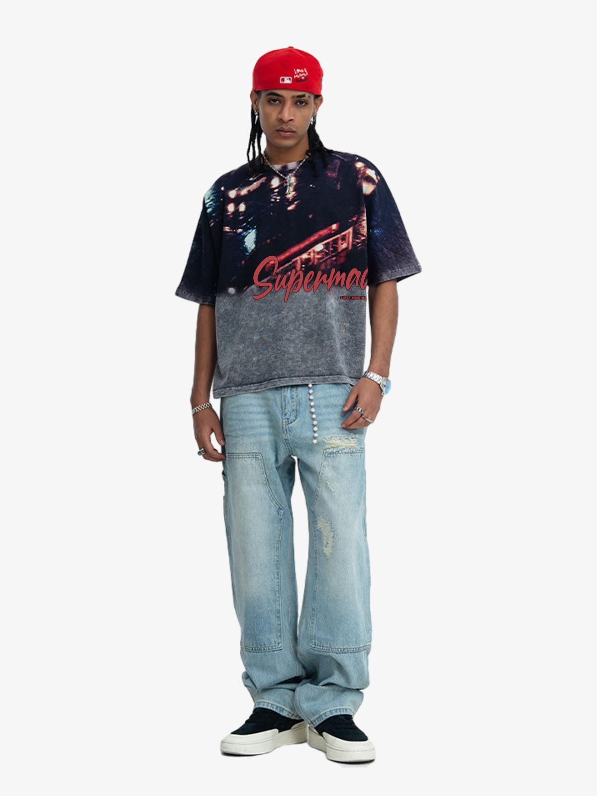 300G Cotton Nightfall Jade Pattern Dyeing Oversized T-Shirt for Men Streetwear Fashion 