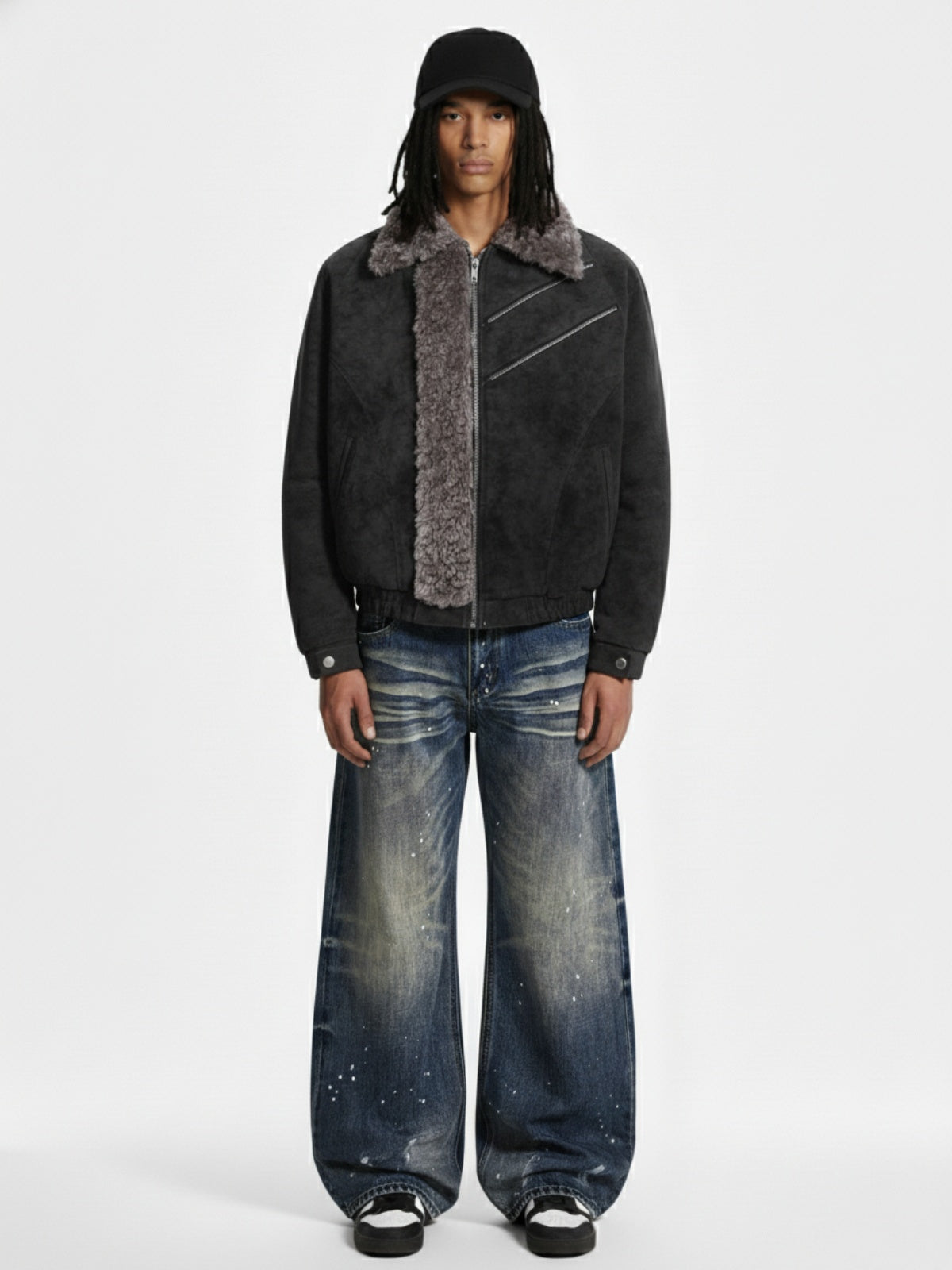 Retro Suede Texture Shearling Collar Fleece Bomber Jacket 