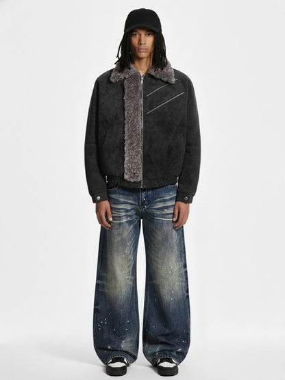 Retro Suede Texture Shearling Collar Fleece Bomber Jacket 