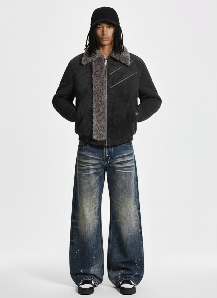 Retro Suede Texture Shearling Collar Fleece Bomber Jacket 