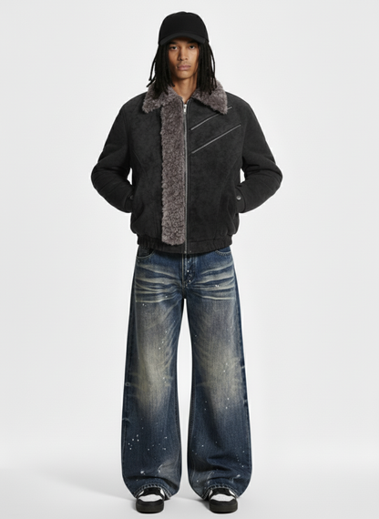 Retro Suede Texture Shearling Collar Fleece Bomber Jacket 