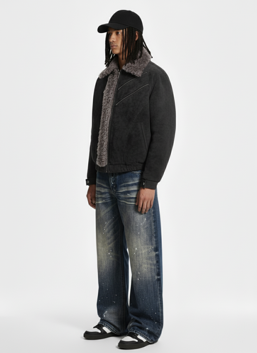 Retro Suede Texture Shearling Collar Fleece Bomber Jacket 