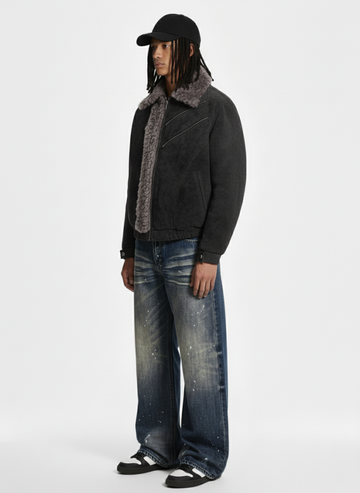 Retro Suede Texture Shearling Collar Fleece Bomber Jacket 