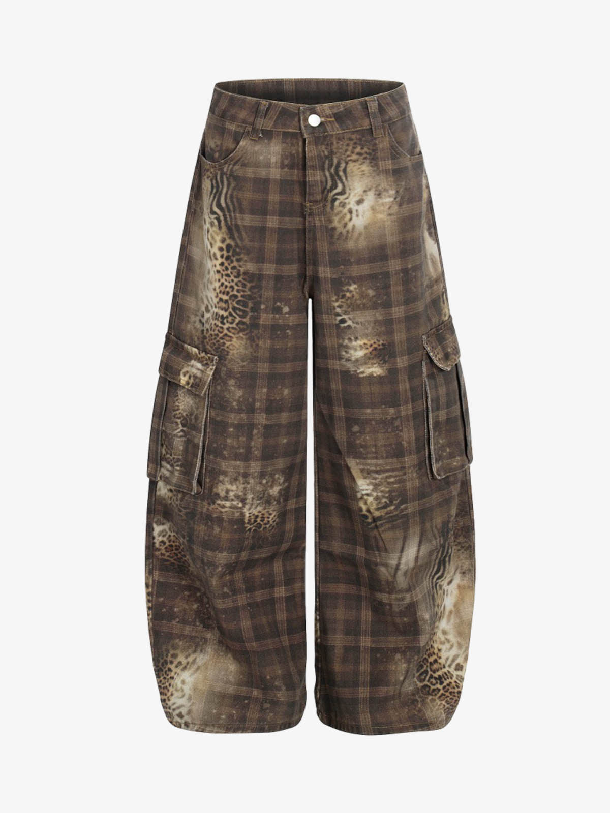 Plaid Leopard Print Cargo Barrel Jeans