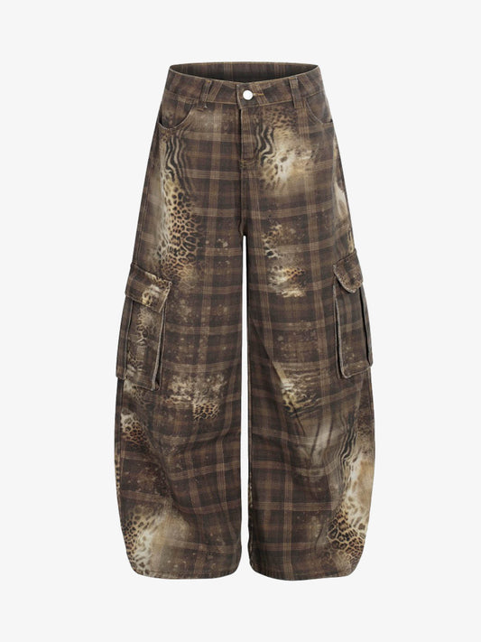 Plaid Leopard Print Cargo Barrel Jeans
