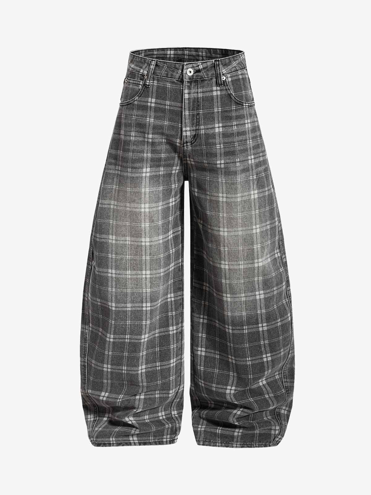 Plaid Wide Leg Barrel Denim Jeans