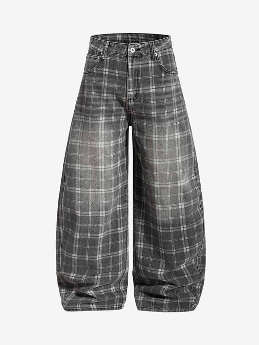 Plaid Wide Leg Barrel Denim Jeans