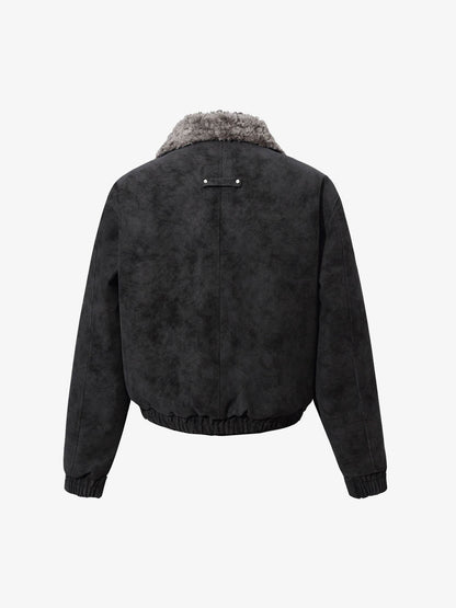 Retro Suede Texture Shearling Collar Fleece Bomber Jacket 