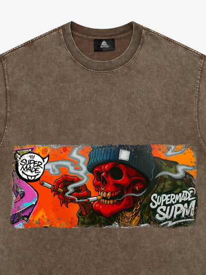 Thesupermade Distressed Blood Red Skull Graffiti T-shirt 