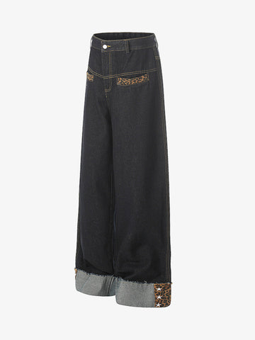 Leopard Print Trim Washed Jeans 