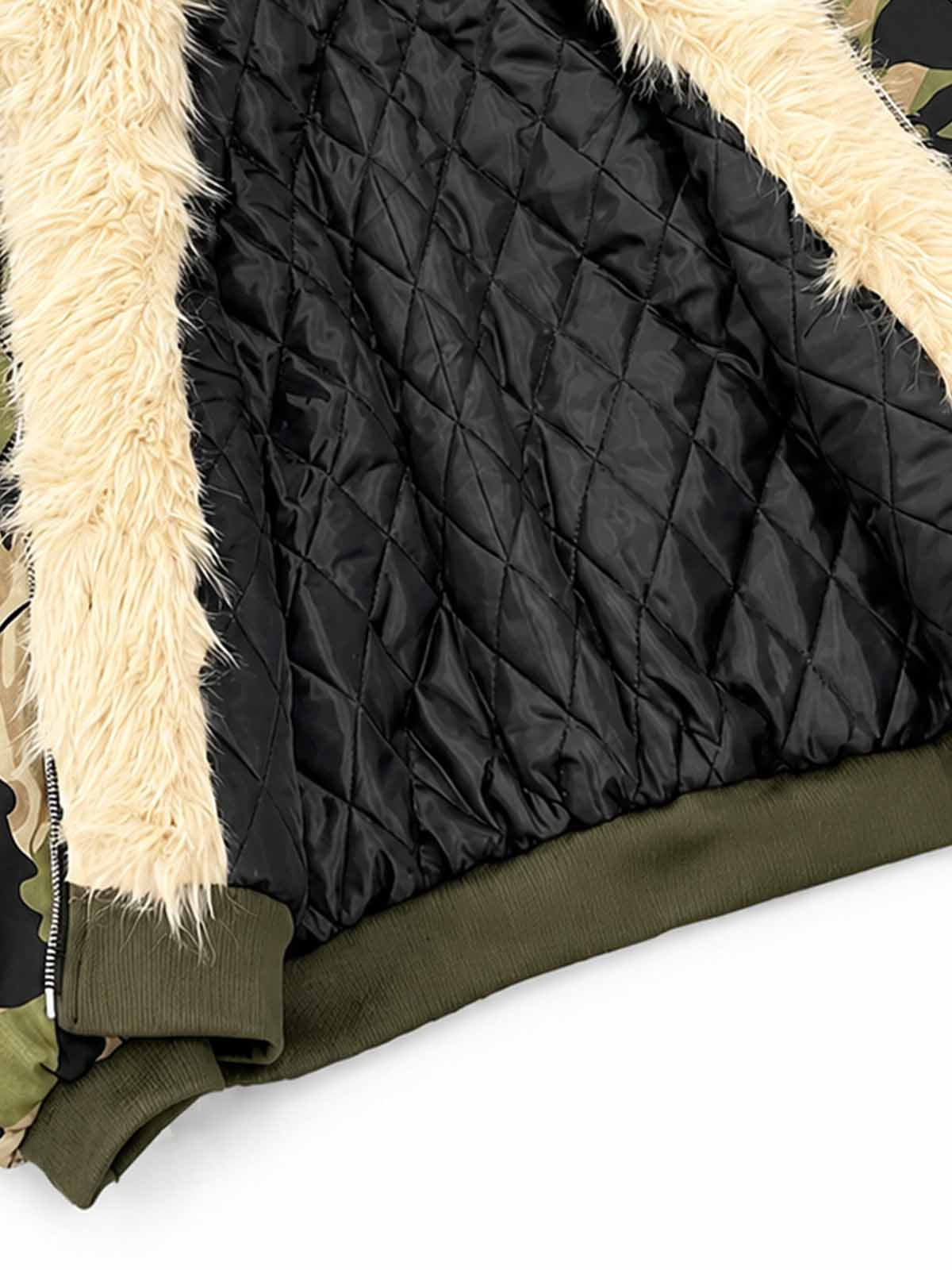Camo Faux-Fur Trim Bomber Coat