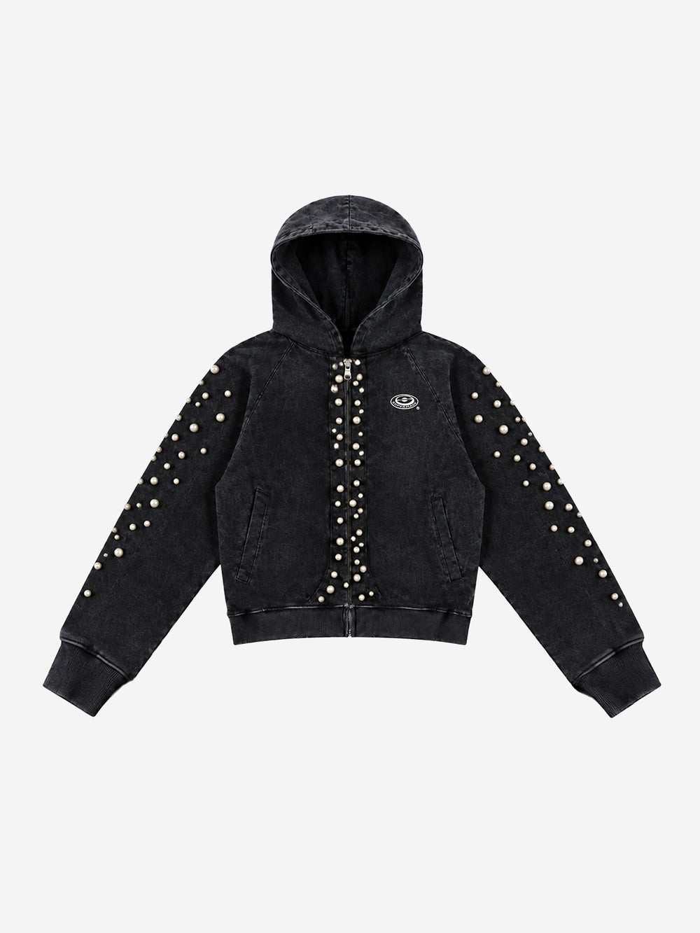 Pearl Studded Washed Distressed Cropped Hoodie