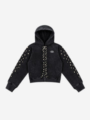 Pearl Studded Washed Distressed Cropped Hoodie