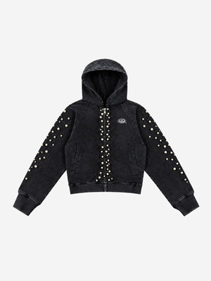 Pearl Studded Washed Distressed Cropped Hoodie