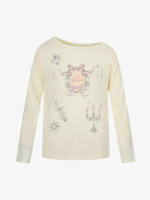 Off Shoulder Bow Graphic Long Sleeve T-Shirt 