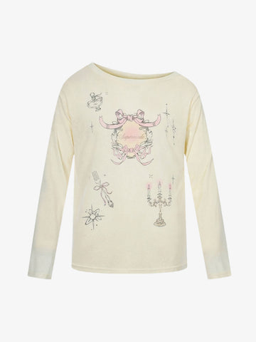 Off Shoulder Bow Graphic Long Sleeve T-Shirt 