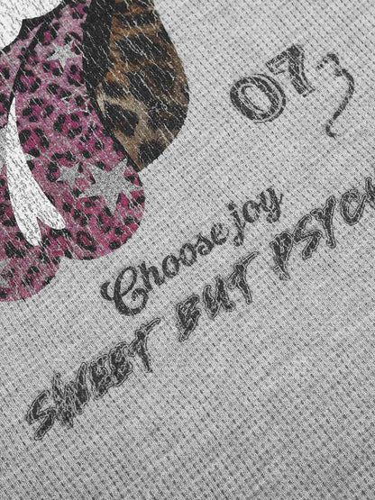 Lip Graphic Leopard Patchwork Waffle Long Sleeve Tee