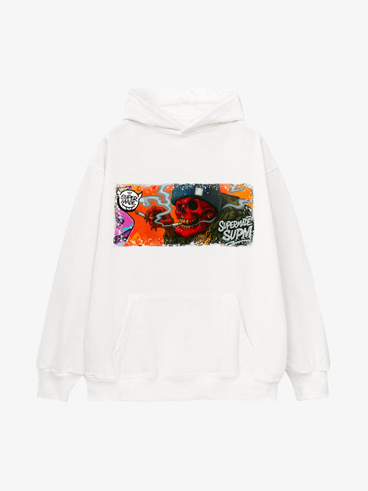 Thesupermade Distressed Blood-red Skull Graffiti Hooded Sweatshirt 
