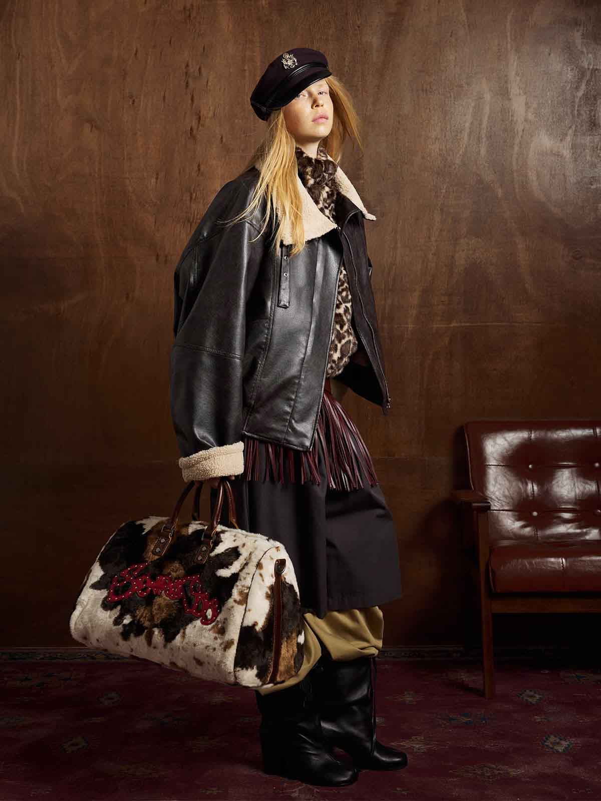 Vintage Shearling Collar Quilted Leather Jacket 