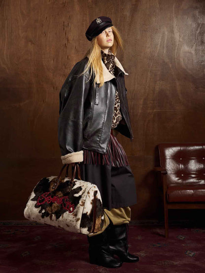 Vintage Shearling Collar Quilted Leather Jacket 