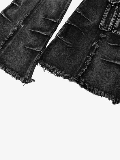 V-Seam Raw Edge Panel Distressed Utility Denim Jeans