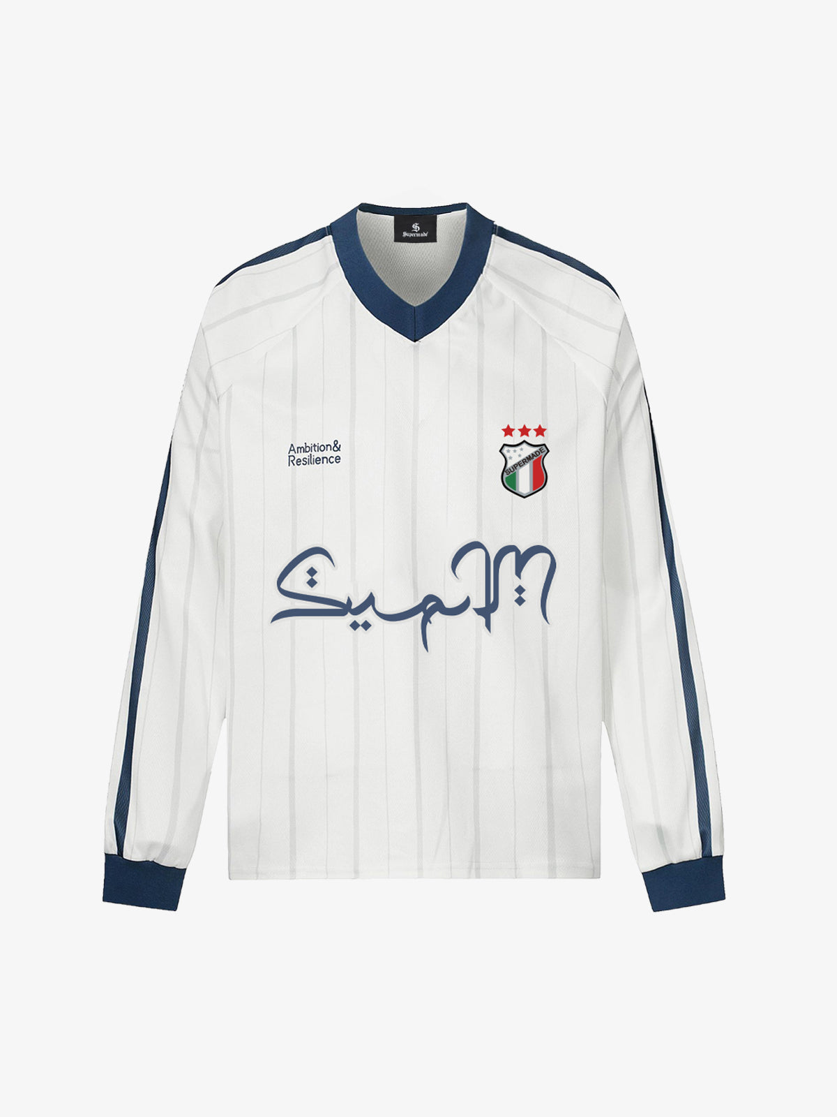 Long-Sleeve Striped Sports Jersey with Bold Arabic Calligraphy Design 