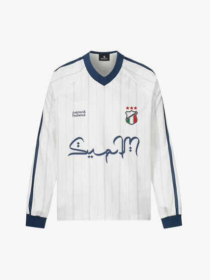 Long-Sleeve Striped Sports Jersey with Bold Arabic Calligraphy Design 