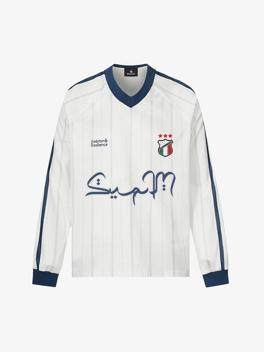Long-Sleeve Striped Sports Jersey with Bold Arabic Calligraphy Design 