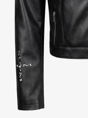 Graphic Stand-Collar Faux Leather Zip Jacket