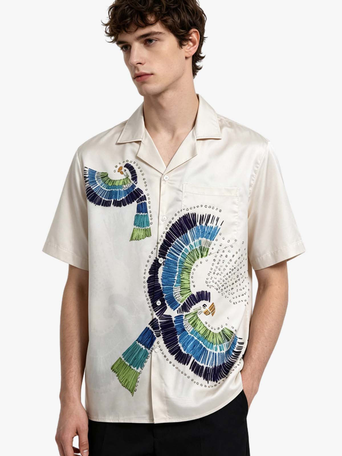 Bird Print Camp Collar Boxy Shirt 
