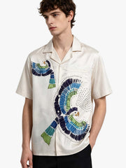 Bird Print Camp Collar Boxy Shirt 
