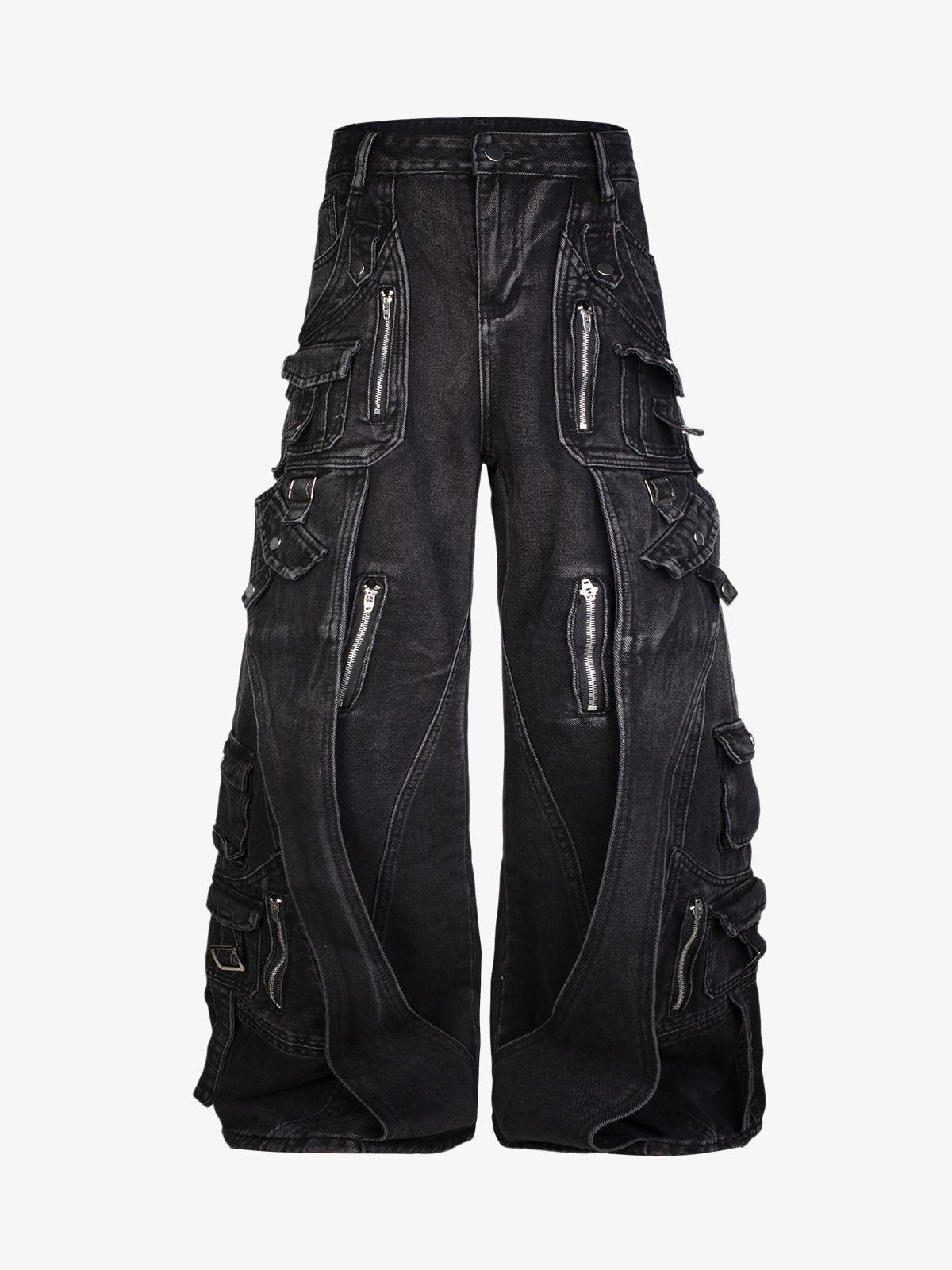 Washed Multi-Pocket Curved-Seam Cargo Jeans