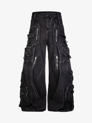 Washed Multi-Pocket Curved-Seam Cargo Jeans