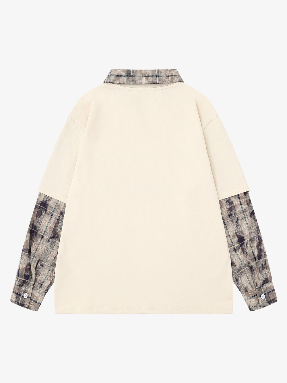 チェック柄パッチワークグラフィック長袖Tシャツ