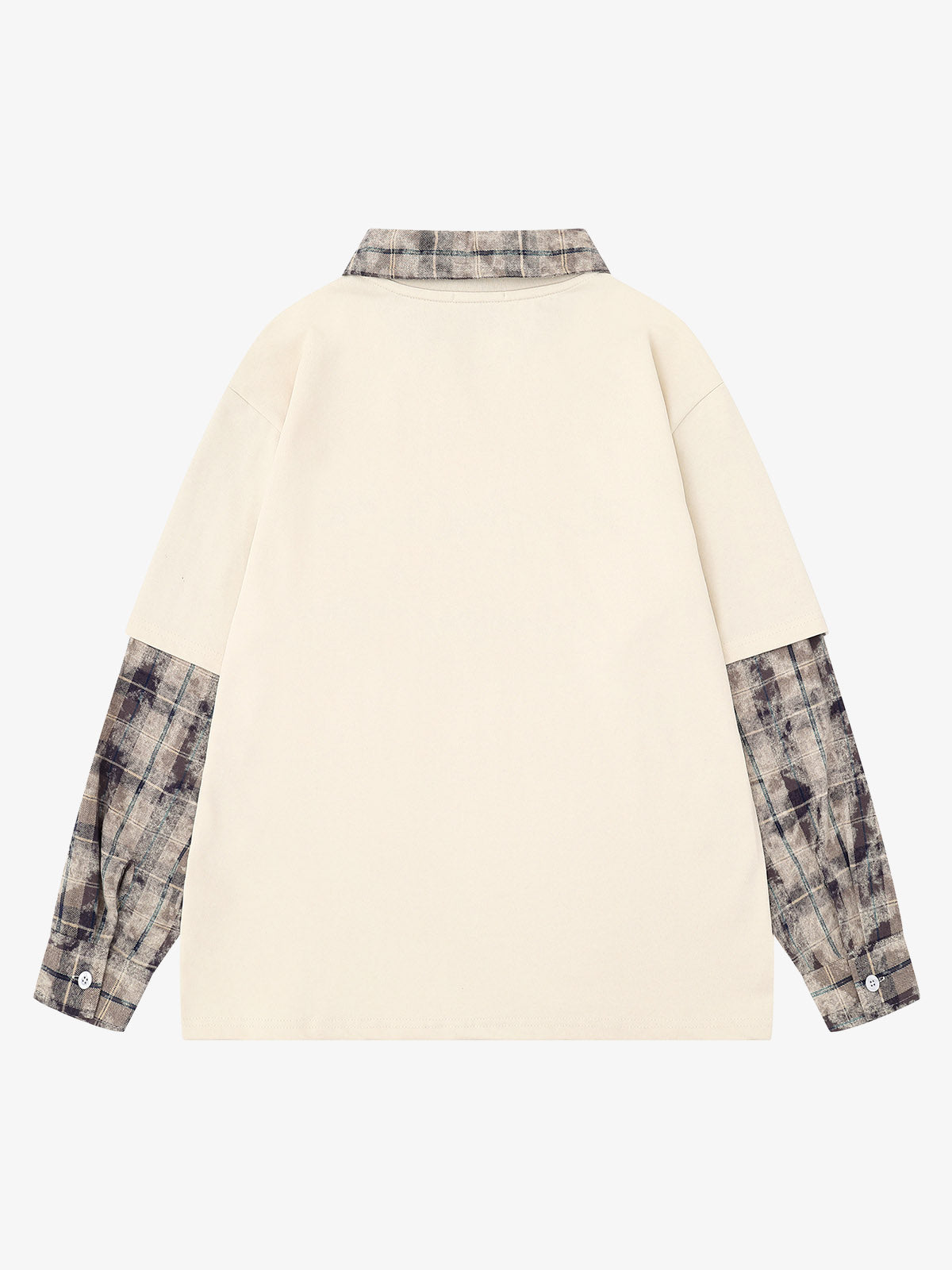 チェック柄パッチワークグラフィック長袖Tシャツ