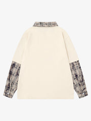 チェック柄パッチワークグラフィック長袖Tシャツ