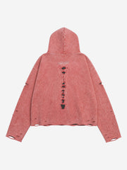 Skull Patchwork Distressed Washed Cropped Hoodie
