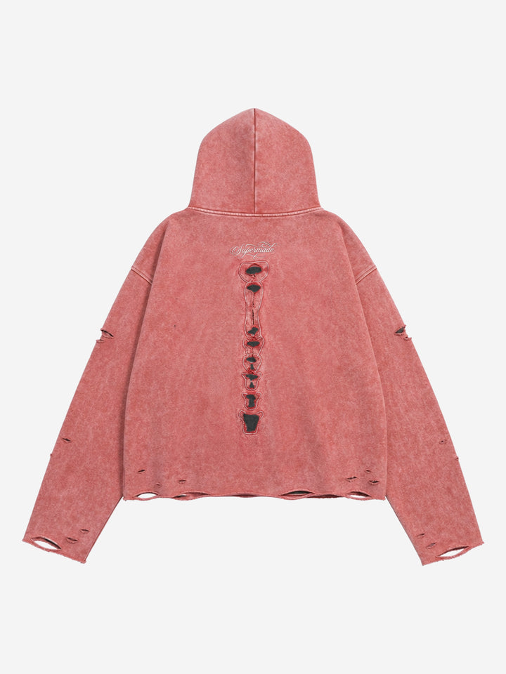 Skull Patchwork Distressed Washed Cropped Hoodie
