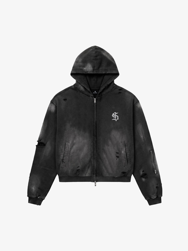 Rhinestone Graphic Garment-Washed Hoodie