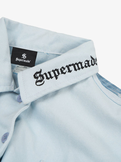 Thesupermade Embroidered pin-fixed pockets - striped batik ripped Denim Shirt 