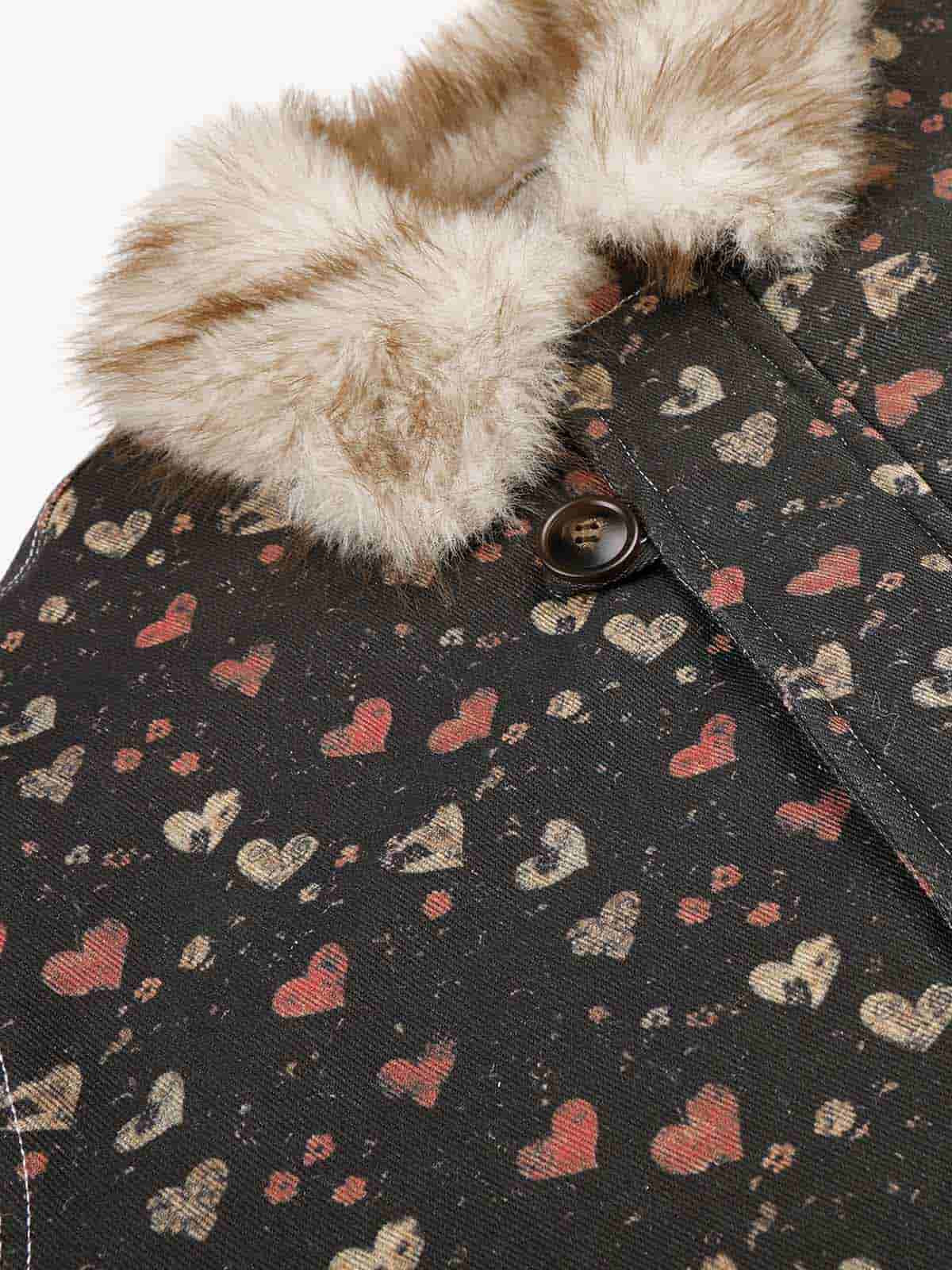 Heart Graphic Faux-Fur Collar Denim Padded Coat
