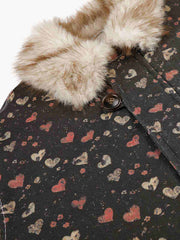 Heart Graphic Faux-Fur Collar Denim Padded Coat