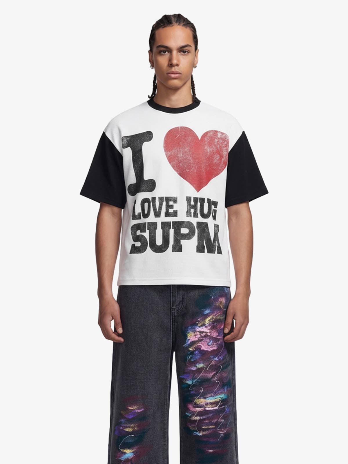 Heart Slogan Graphic Contrast Sleeve Waffle Knit T-Shirt 