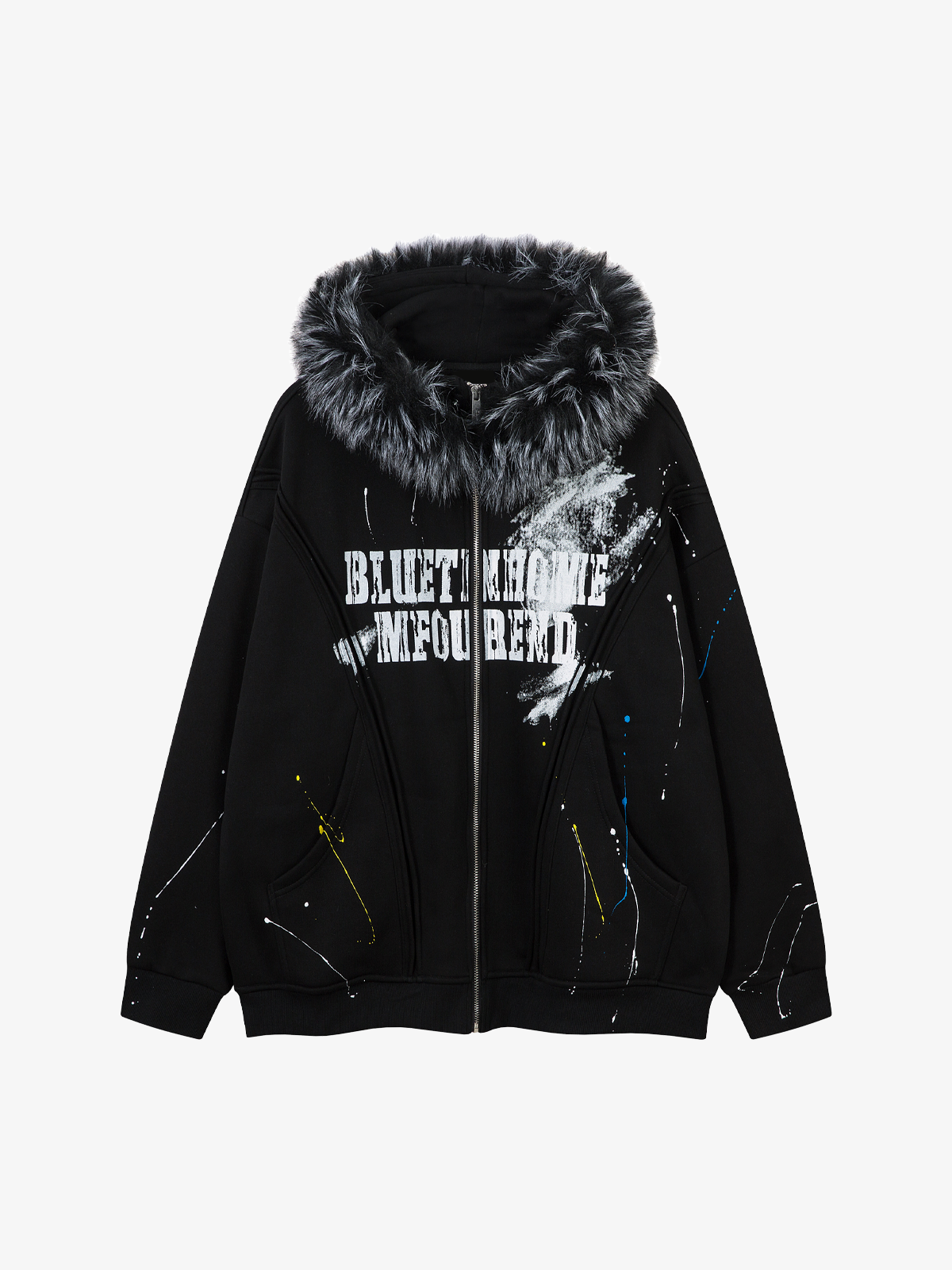 Fur-Trim Paint-Splatter Zip Hoodie