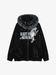 Fur-Trim Paint-Splatter Zip Hoodie
