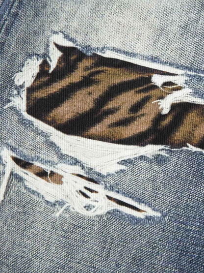 Leopard Ripped 3D Print Baggy Barrel Jeans