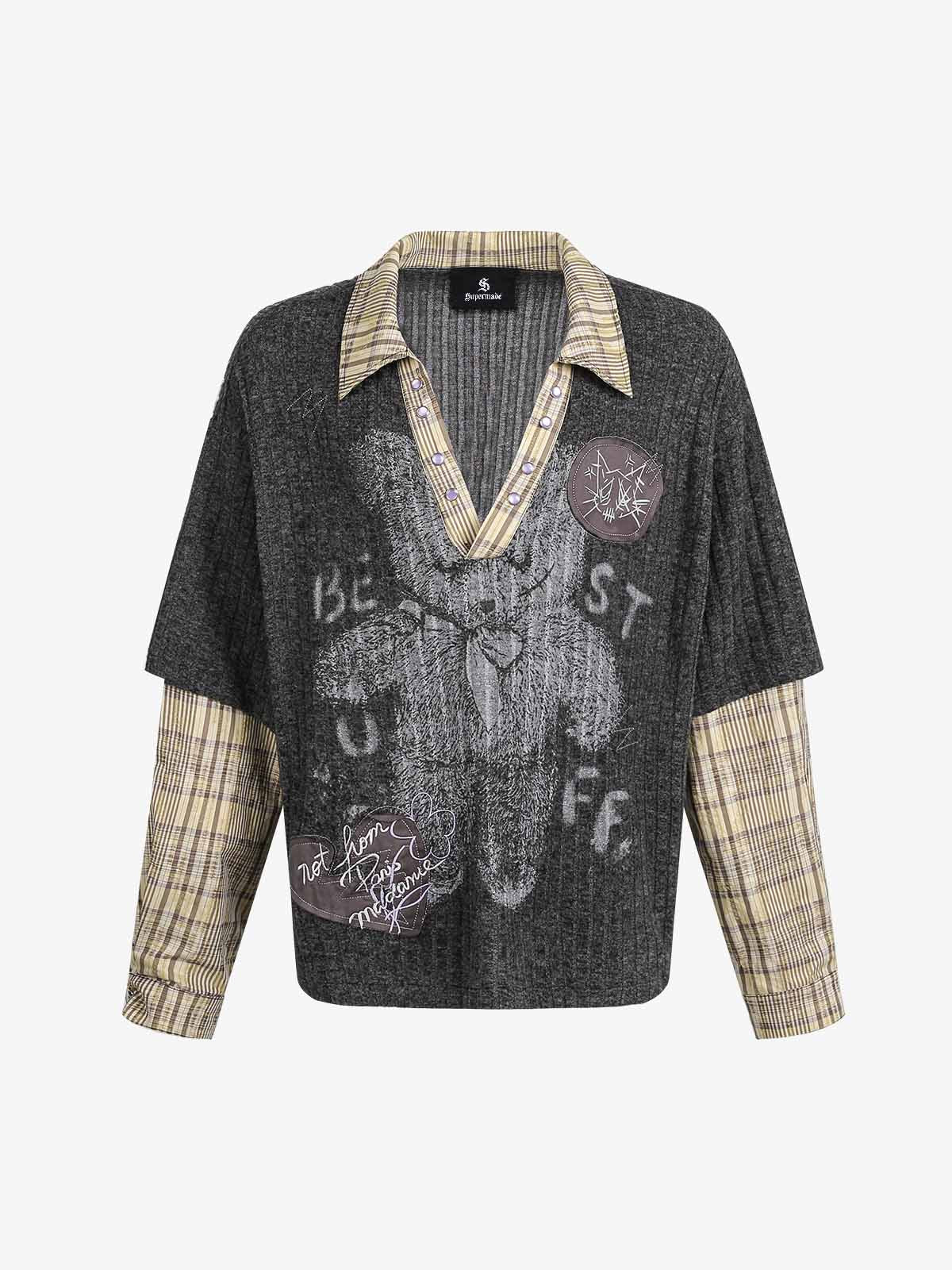 Graffiti Bear Graphic Striped Layered Long Sleeve Tee