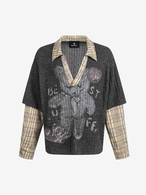 Graffiti Bear Graphic Striped Layered Long Sleeve Tee